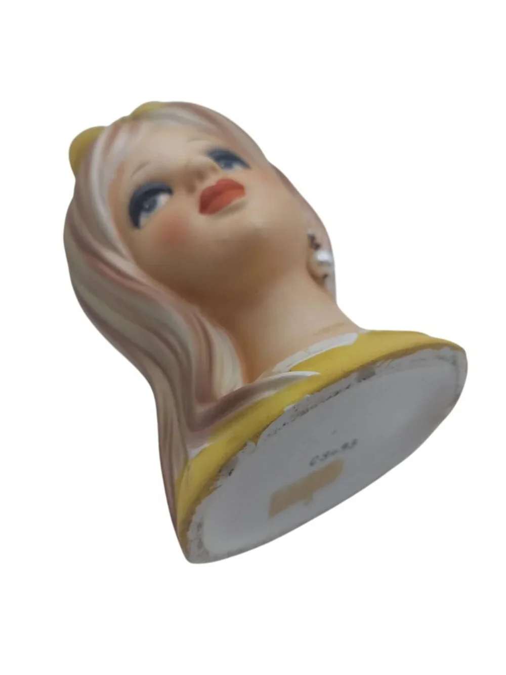 Napcoware Head Vase Lady Teen Ceramic Blonde Yellow Bow Pearl Earring MCM C8493